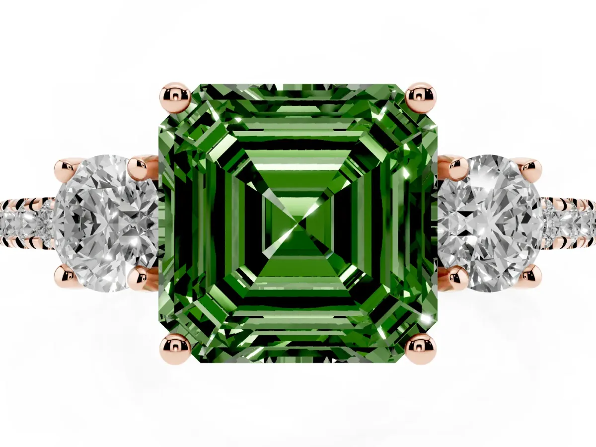 Fancy Green Three-Stone Asscher Cut Cut Diamond Pavé Band with Prong Setting Rose gold