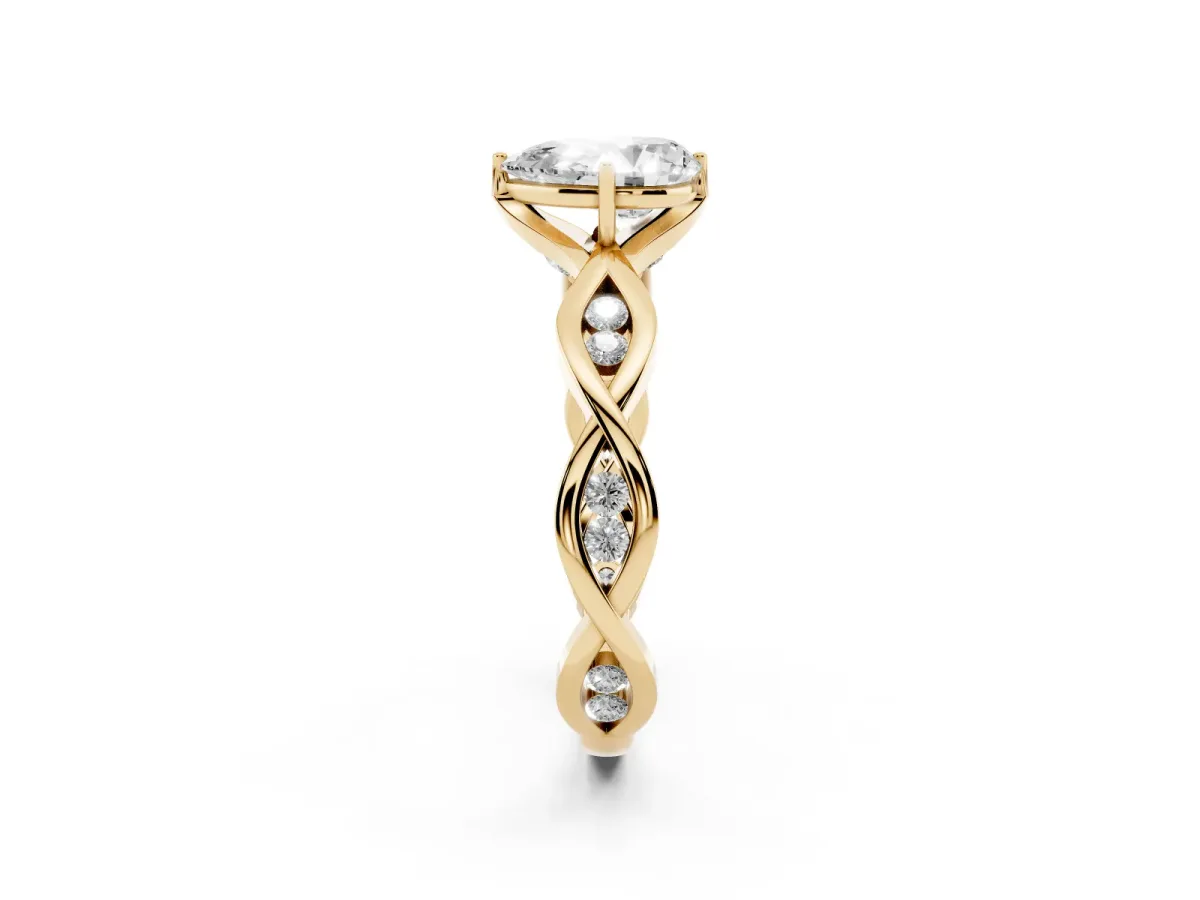Pear Cut Solitaire Twist Band with Leaf Prong Setting Yellow gold