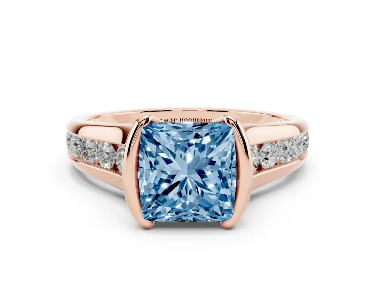 Fancy Blue Princess Cut Solitaire Bezel-Set Diamond Ring with Channel-Set Band Rose gold