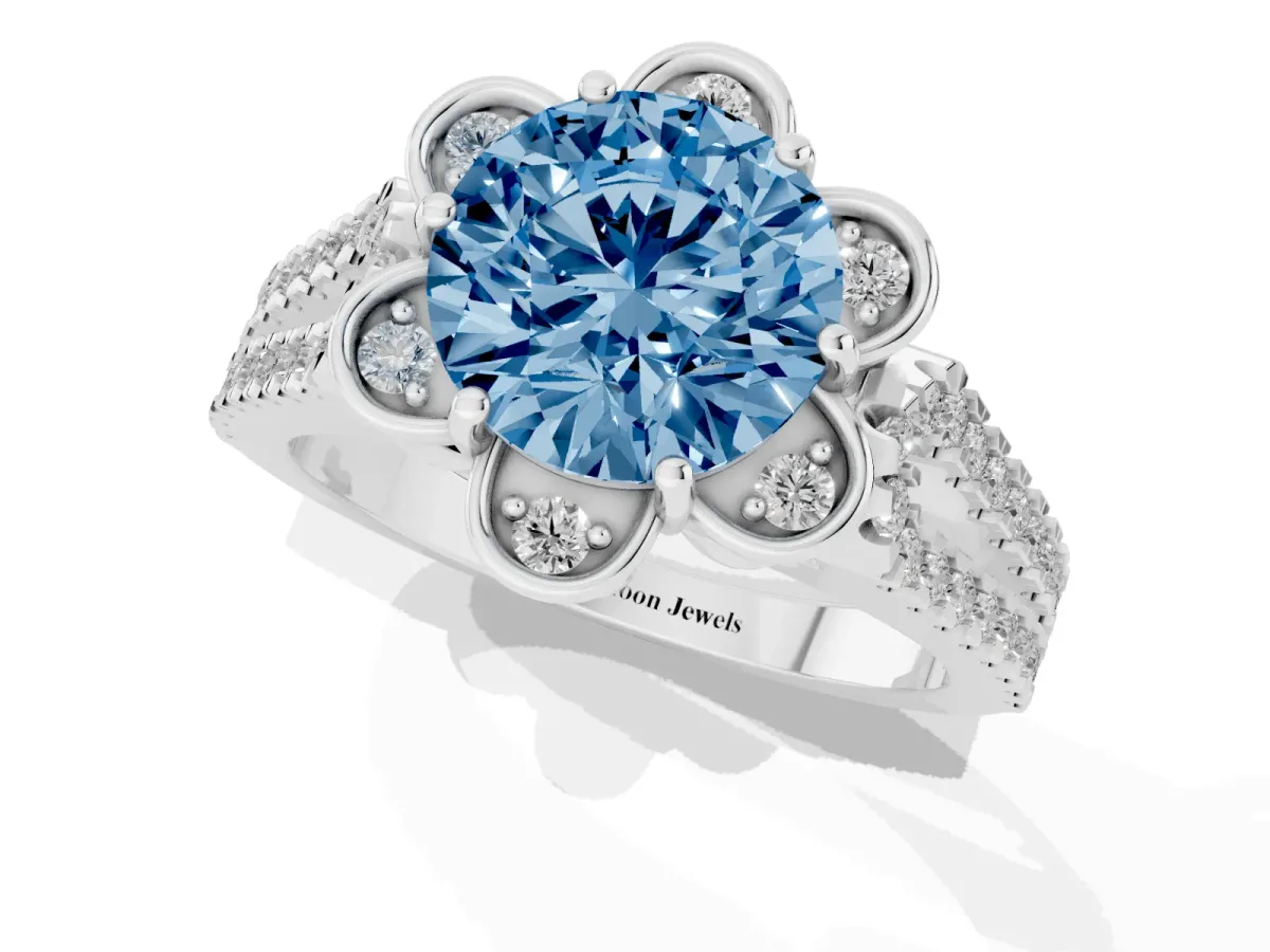 Fancy Blue Round Cut Halo Diamond Floral Split Shank Engagement Ring Silver