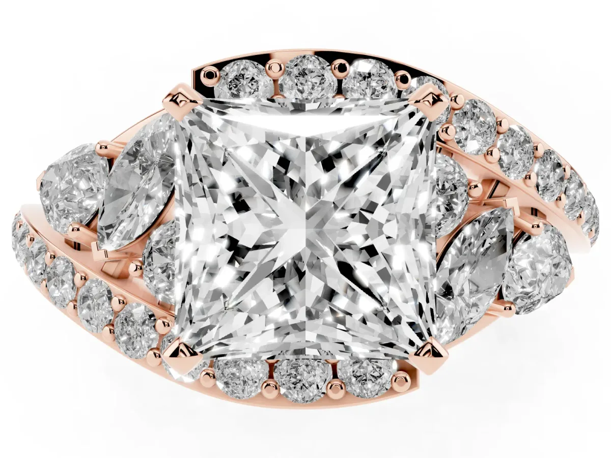 Princess Cut Diamond Halo Ring with Marquise and Pavé Band in Prong Setting Rose gold