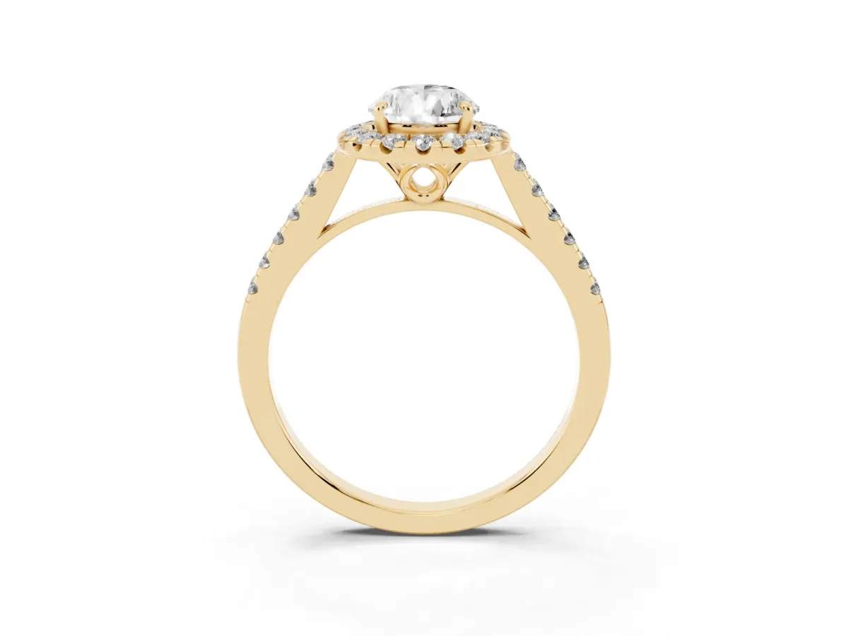 Pear Cut Halo Pavé Diamond Engagement Ring with Four-Prong Setting Yellow gold