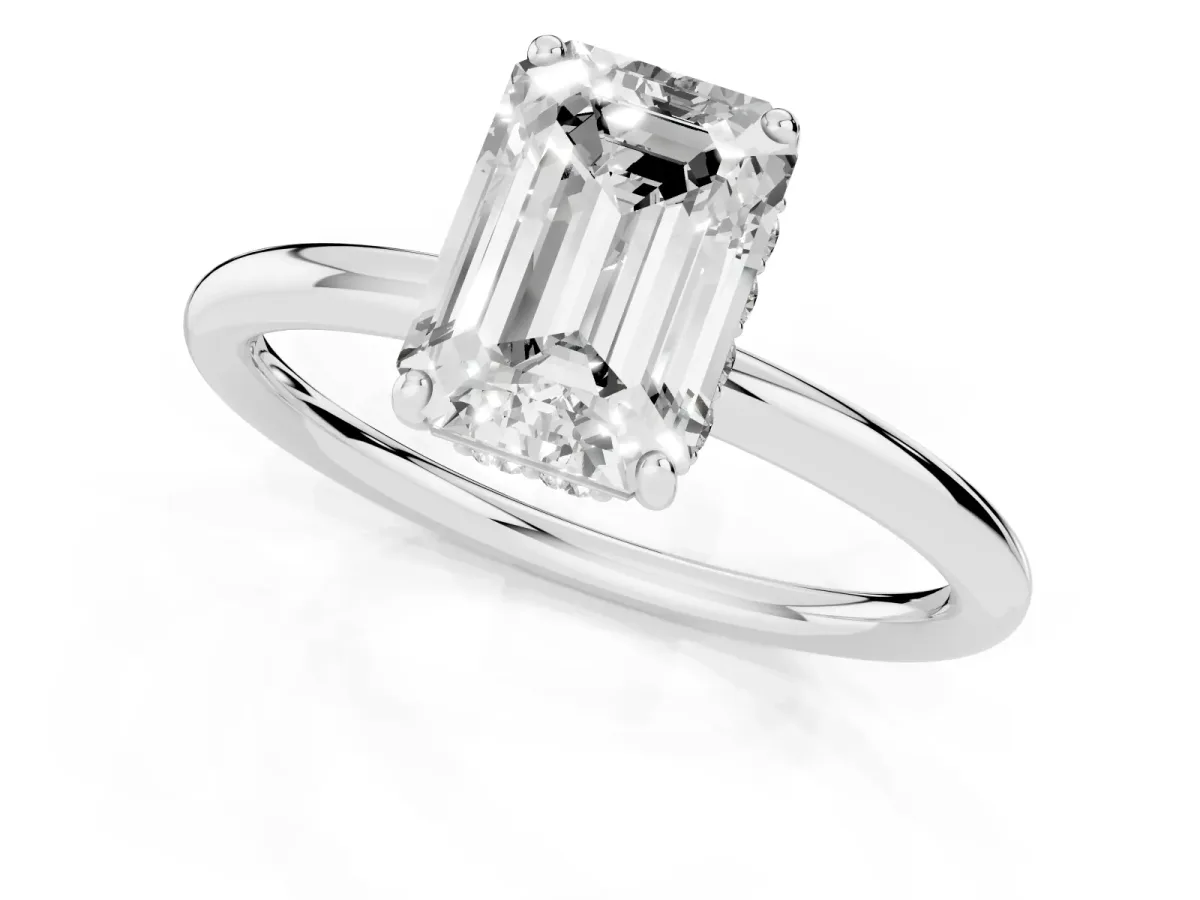 Emerald Cut Solitaire Diamond Ring with a Classic Band and Four-Prong Setting Silver