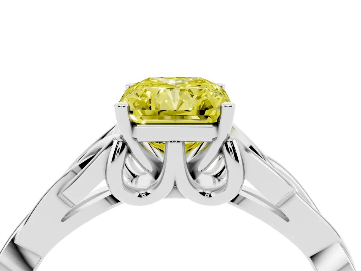 Fancy Yellow Radiant Cut Diamond Solitaire Engagement Ring with Celtic Knot Band and Four-Prong Setting White gold