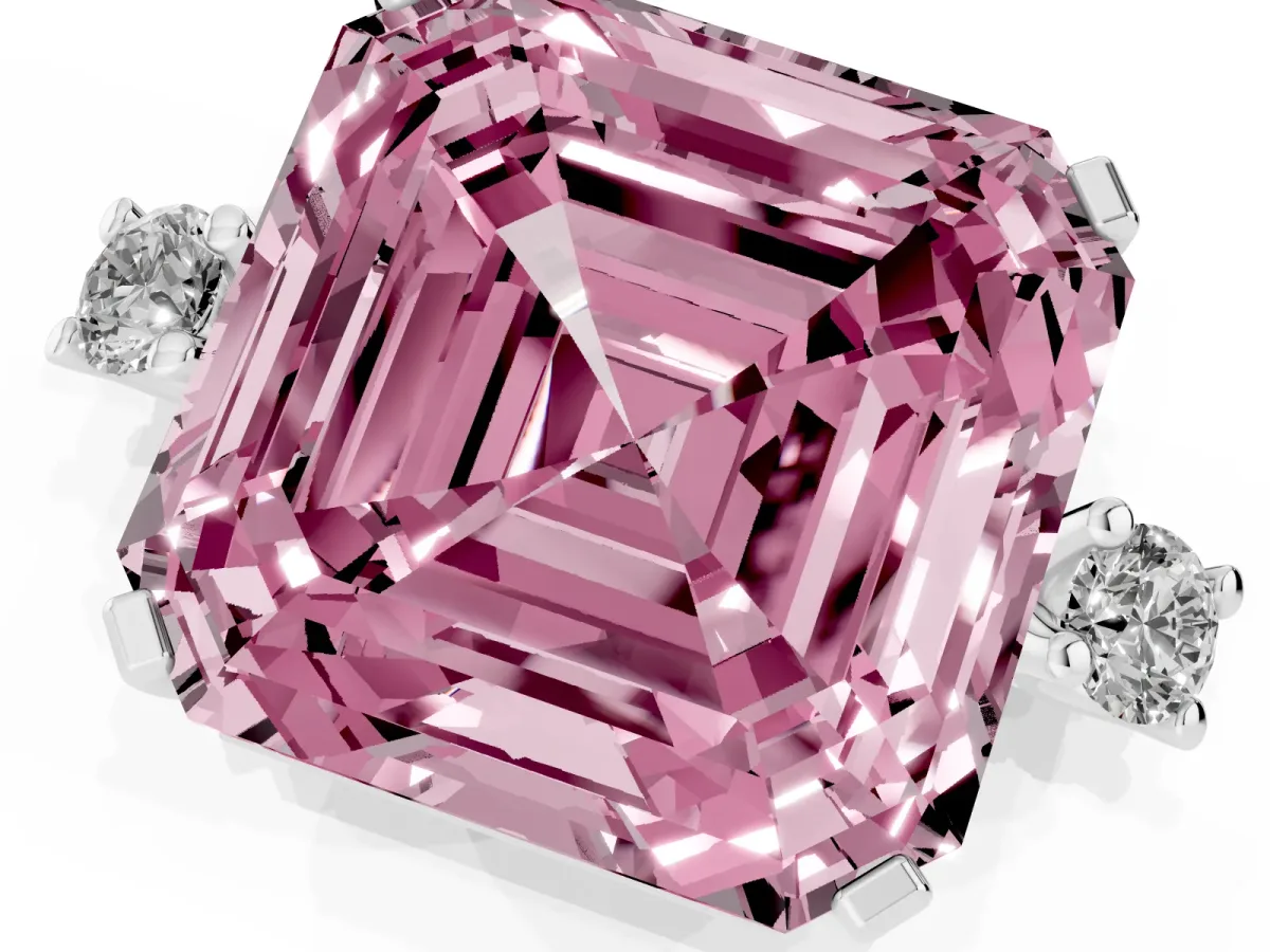 Fancy Pink Asscher Cut Cut Three-Stone Solitaire Ring with Round Accent Diamonds and Four-Prong Setting Silver