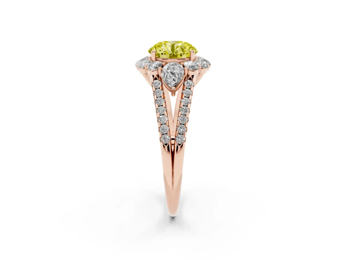 Fancy Yellow Round Cut Halo Split Shank Diamond Engagement Ring with Prong Setting Rose gold