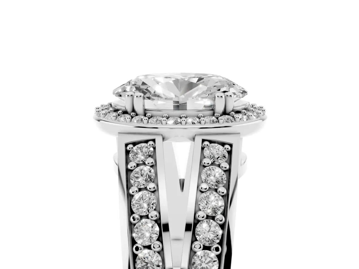 Oval Cut Diamond Halo Ring with Split Shank Pavé Band and Four-Prong Setting Silver