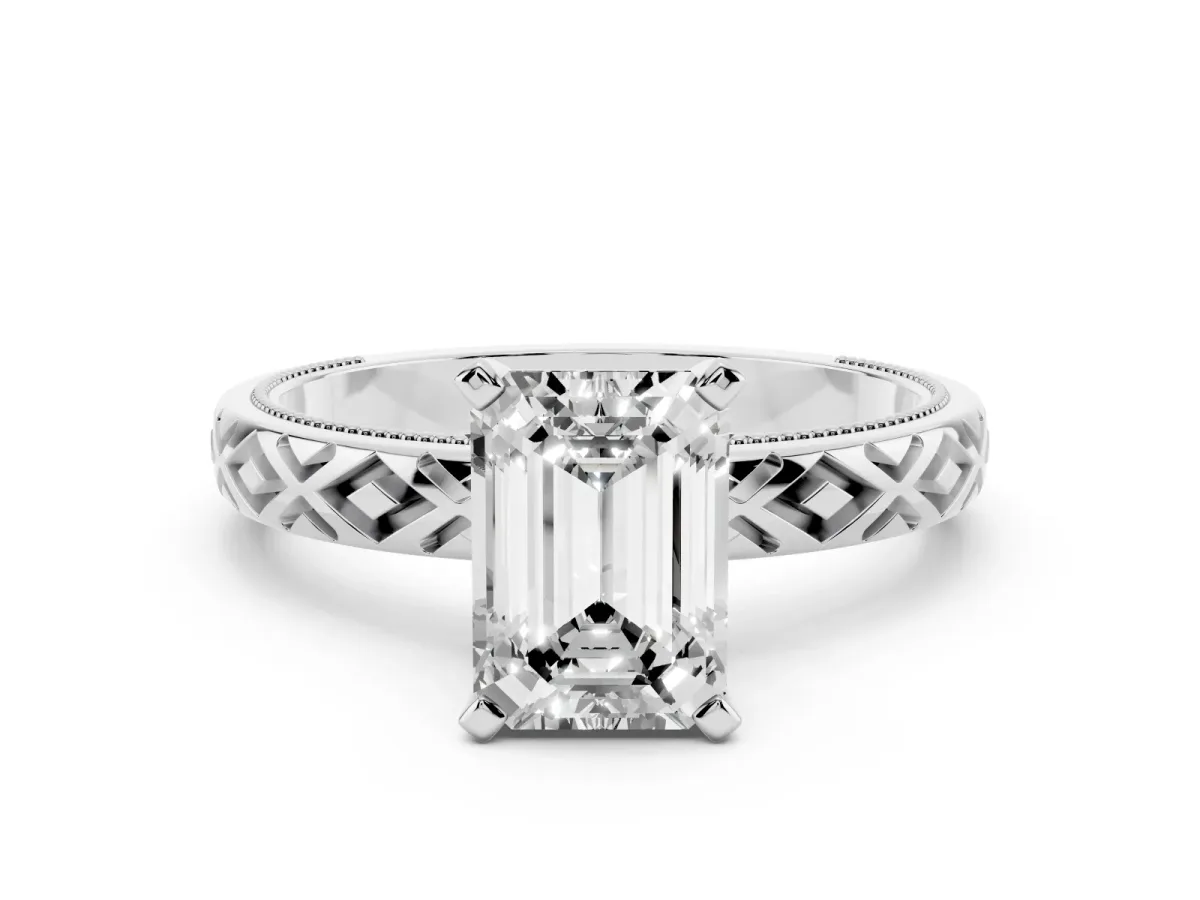 Emerald Cut Solitaire Diamond Ring with Milgrain and Black Enamel X Pattern Band Silver