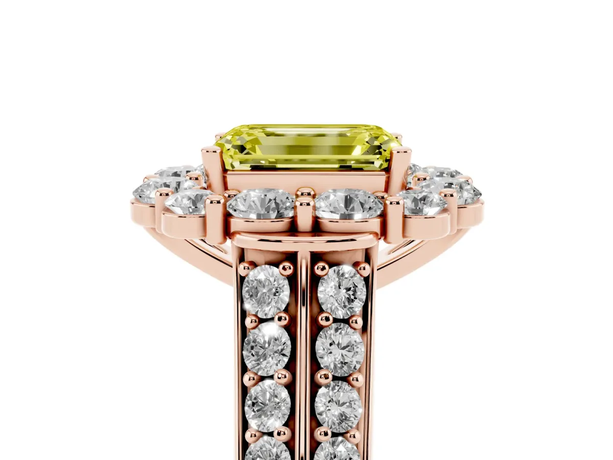 Fancy Yellow Emerald Cut Halo Diamond Engagement Ring with Split Shank and Prong Setting Rose gold