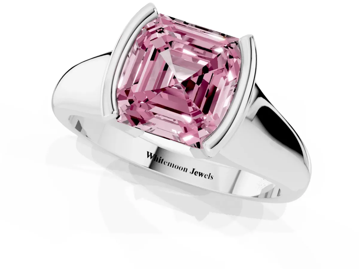 Fancy Pink Asscher Cut Solitaire Tension Set Diamond Ring with Split Shank Band Platinum