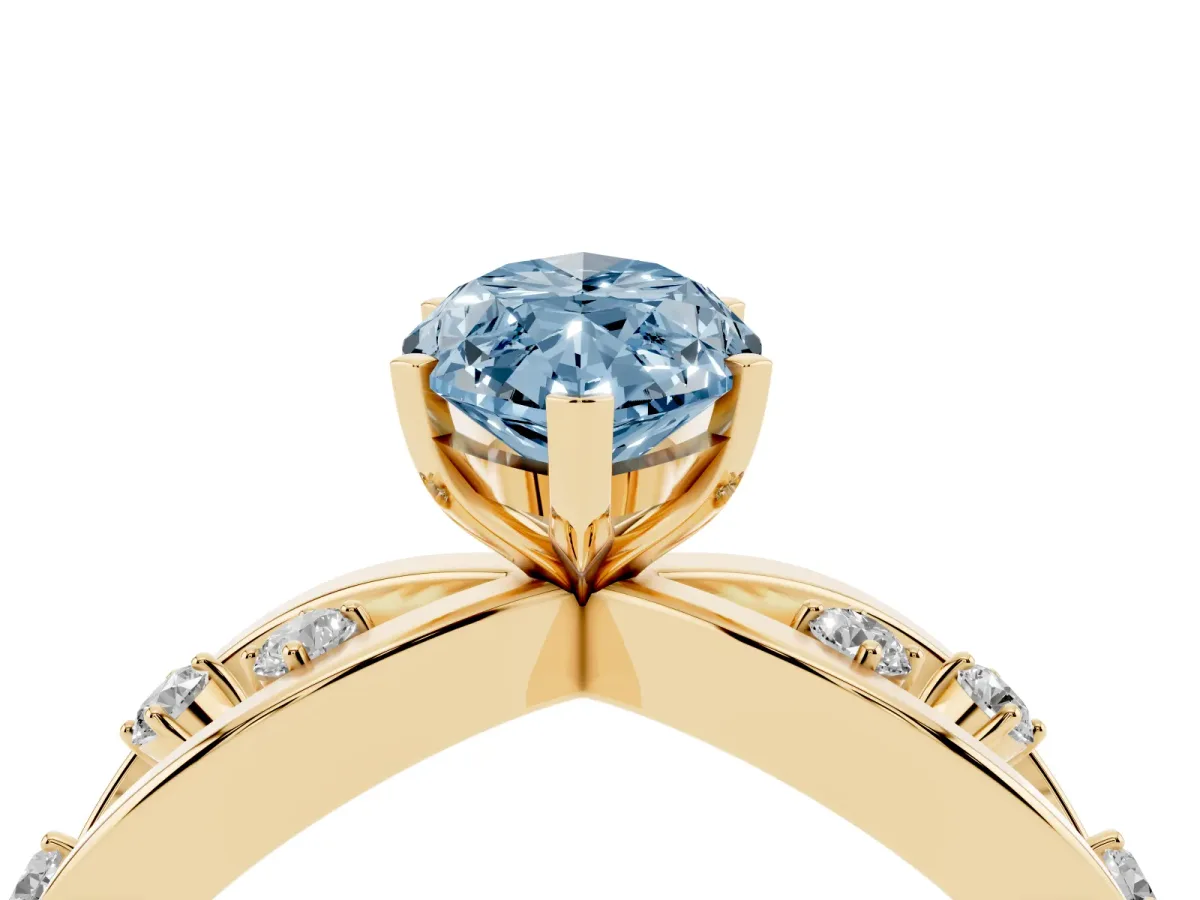 Fancy Blue Marquise Cut Cut Solitaire Diamond with Side Stones on Criss-Cross Band and Four-Prong Setting Yellow gold