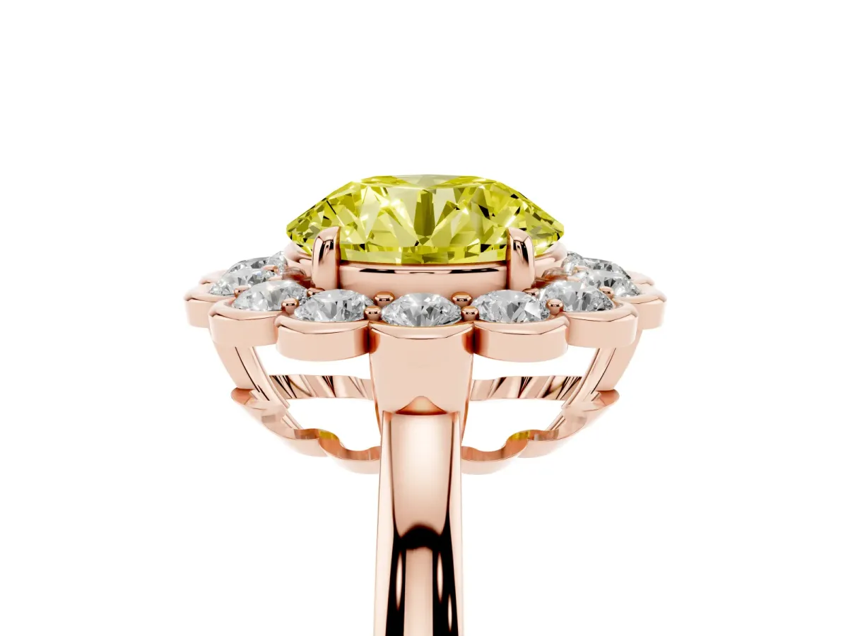 Fancy Yellow Round Cut Halo Cluster Diamond Engagement Ring with Solitaire Band and Prong Setting Rose gold