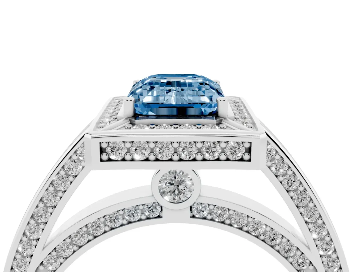 Fancy Blue Emerald Cut Cut Halo Pave Split Shank Prong Setting Ring Platinum