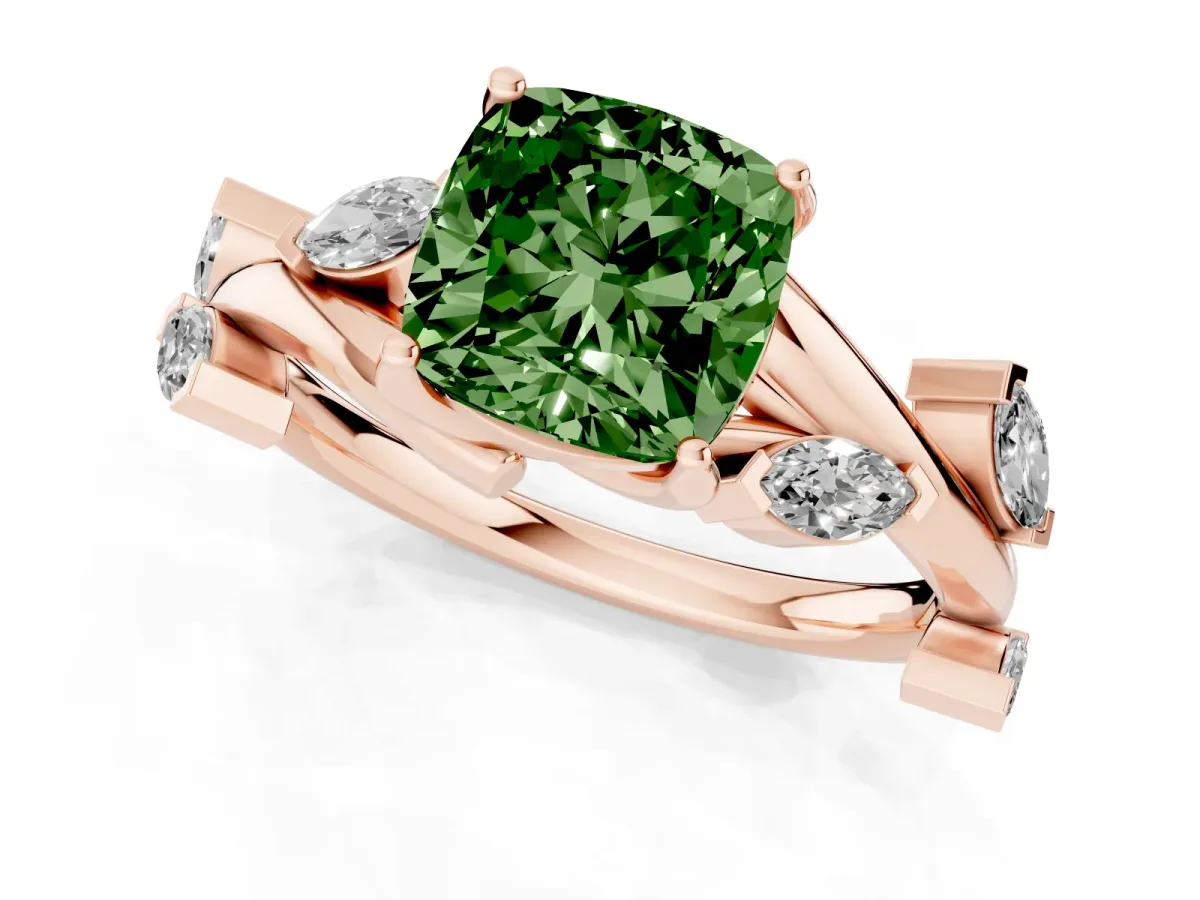 Fancy Green Cushion Cut Solitaire Twisted Band Marquise Accent Prong Setting Ring Rose gold