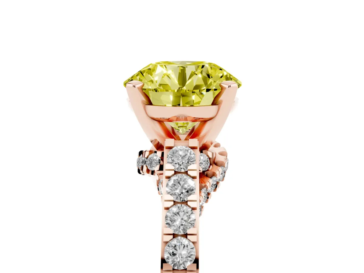 Fancy Yellow Round Cut Diamond Solitaire Ring with Crossover Gallery and Round Pavé Band Rose gold