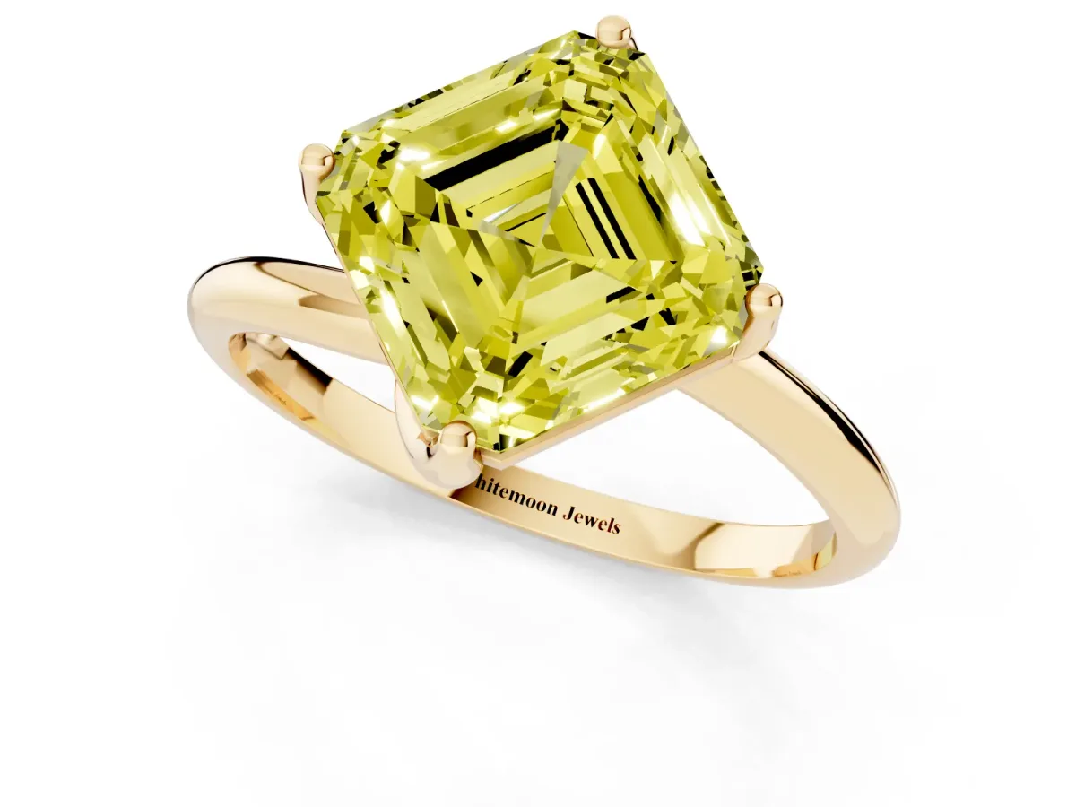Fancy Yellow Asscher Cut Diamond Solitaire Engagement Ring with Four-Prong Setting and Classic Band Yellow gold