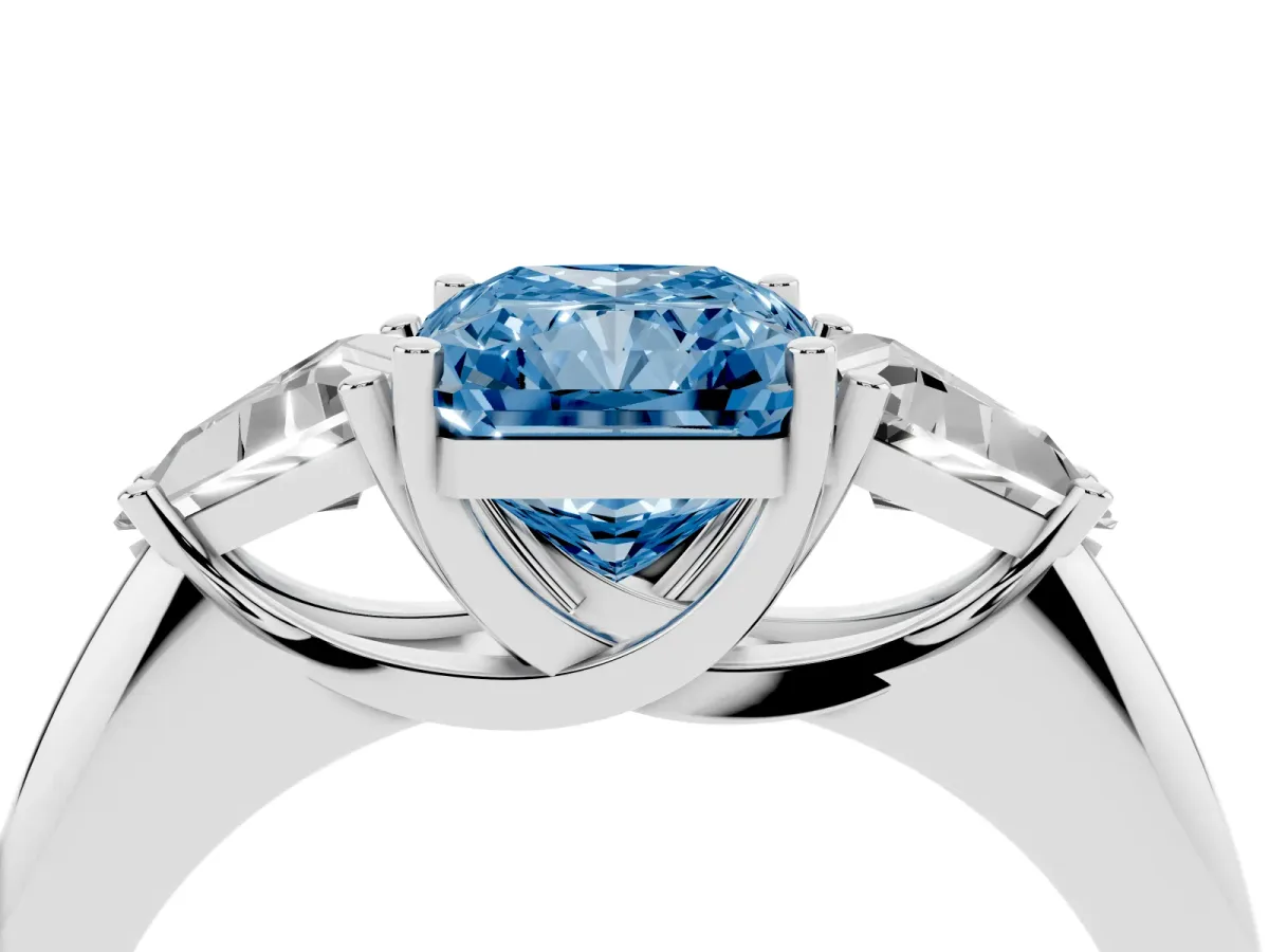 Fancy Blue Three-Stone Radiant Cut Diamond Engagement Ring with Trillion Side Stones and Prong Setting Silver