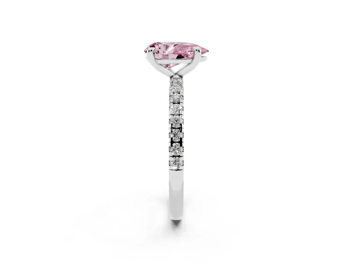 Fancy Pink Pear Cut Diamond Brilliant Solitaire Ring with Pavé Band and Four-Prong Setting Platinum