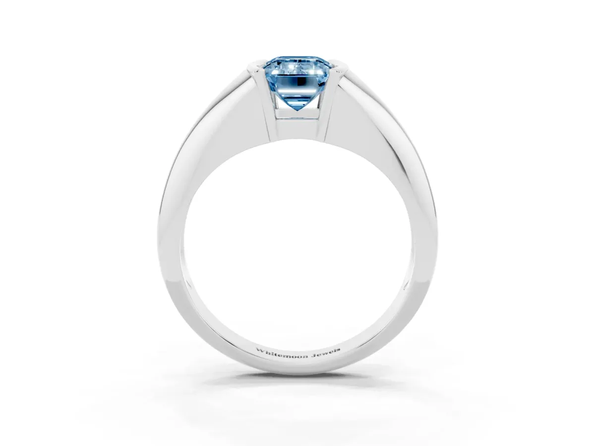 Fancy Blue Emerald Cut Solitaire Tension Set Diamond Ring White gold