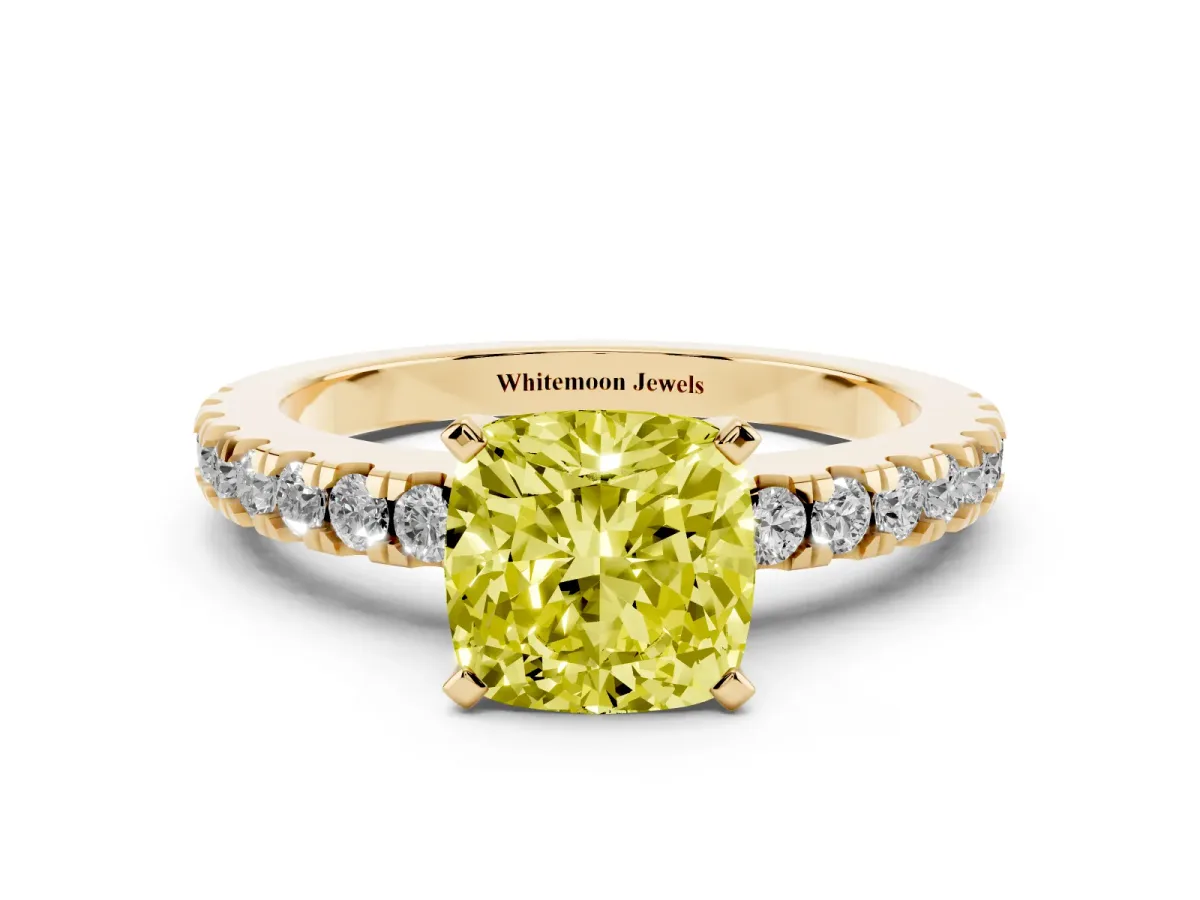 Fancy Yellow Cushion Cut Solitaire Diamond with Pavé Band and Four-Prong Setting Yellow gold