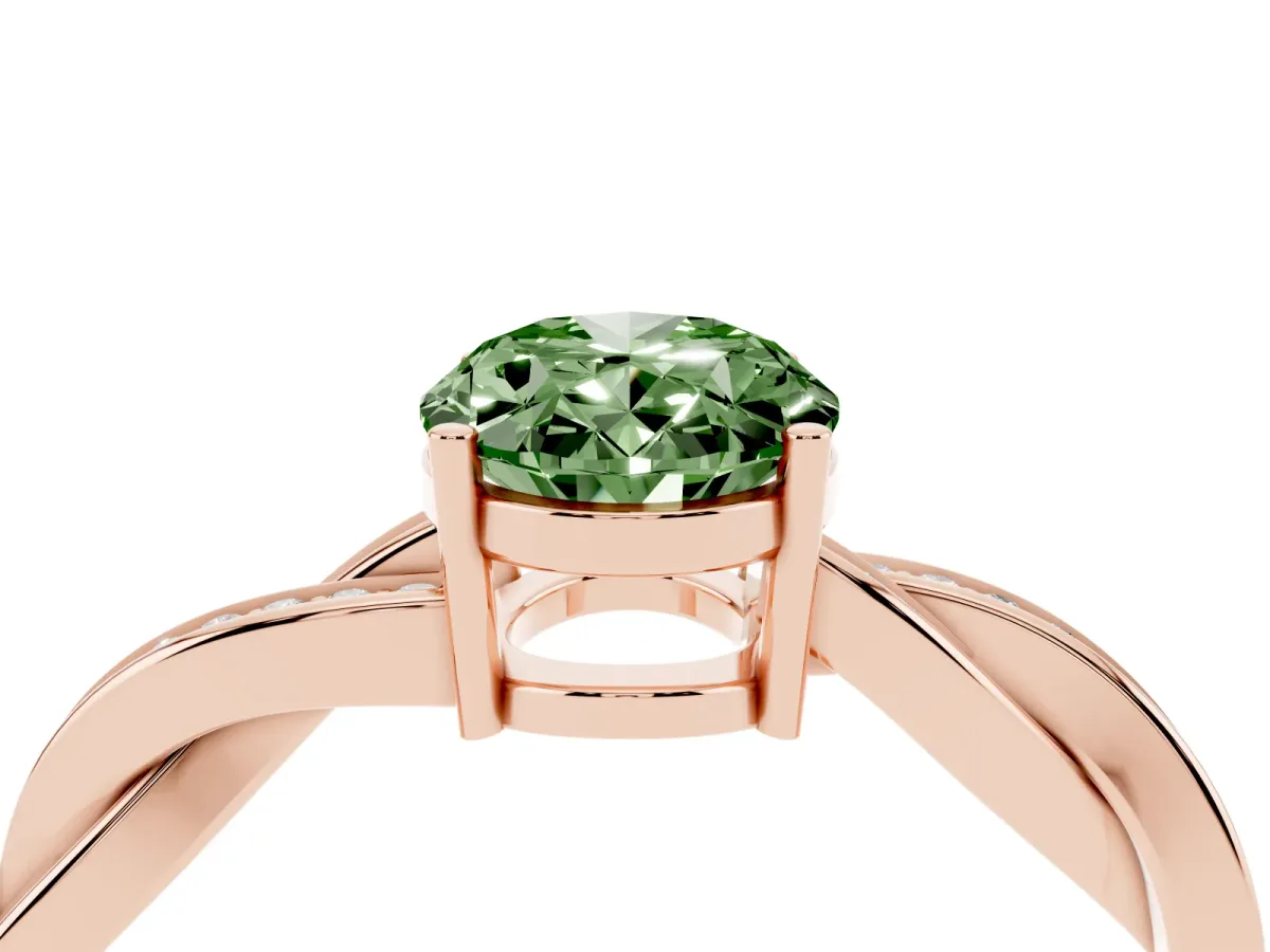 Fancy Green Oval Cut Solitaire Twisted Pave Diamond Ring with Four-Prong Setting Rose gold