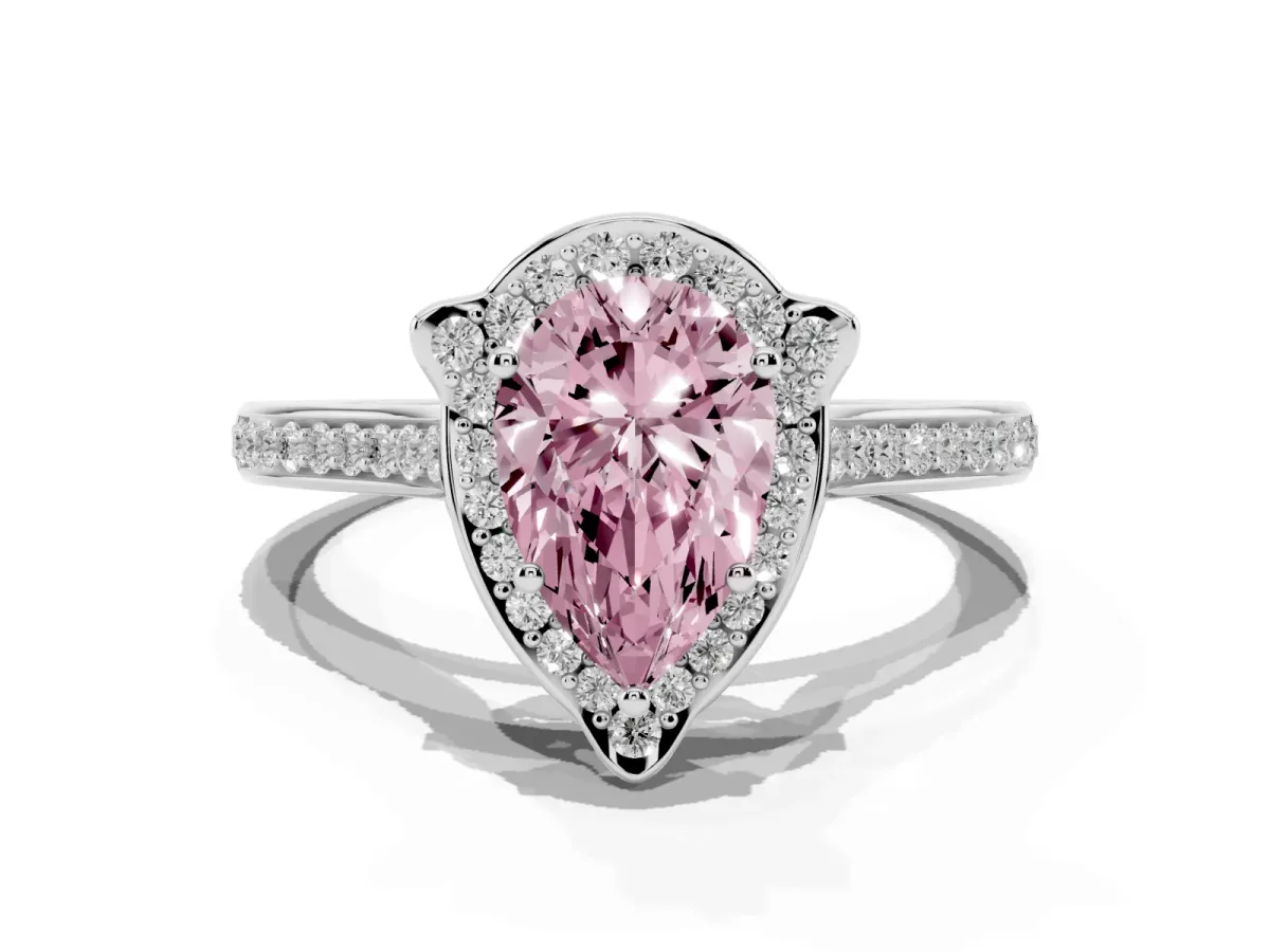 Fancy Pink Pear Cut Halo Round Diamond Pave Band with Four-Prong Setting White gold