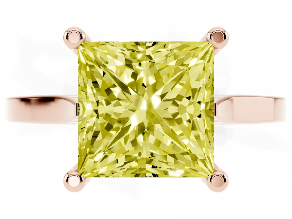Fancy Yellow Princess Cut Solitaire Diamond Ring with Four-Prong Setting and Tapered Band Rose gold
