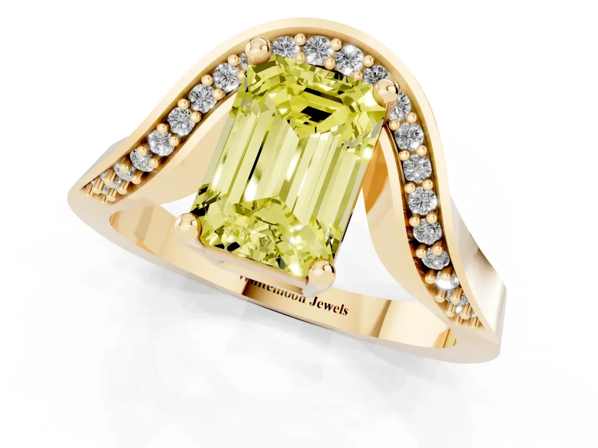 Fancy Yellow Emerald Cut Solitaire Diamond Engagement Ring with Pave Band and Four-Prong Setting Yellow gold