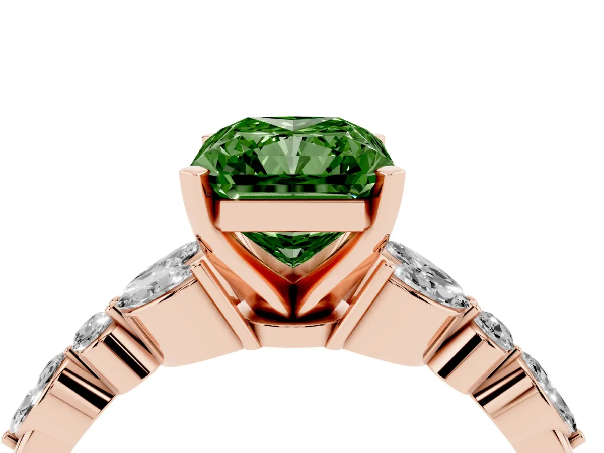 Fancy Green Radiant Cut Diamond Solitaire Ring with Side Stones and Four-Prong Setting Rose gold