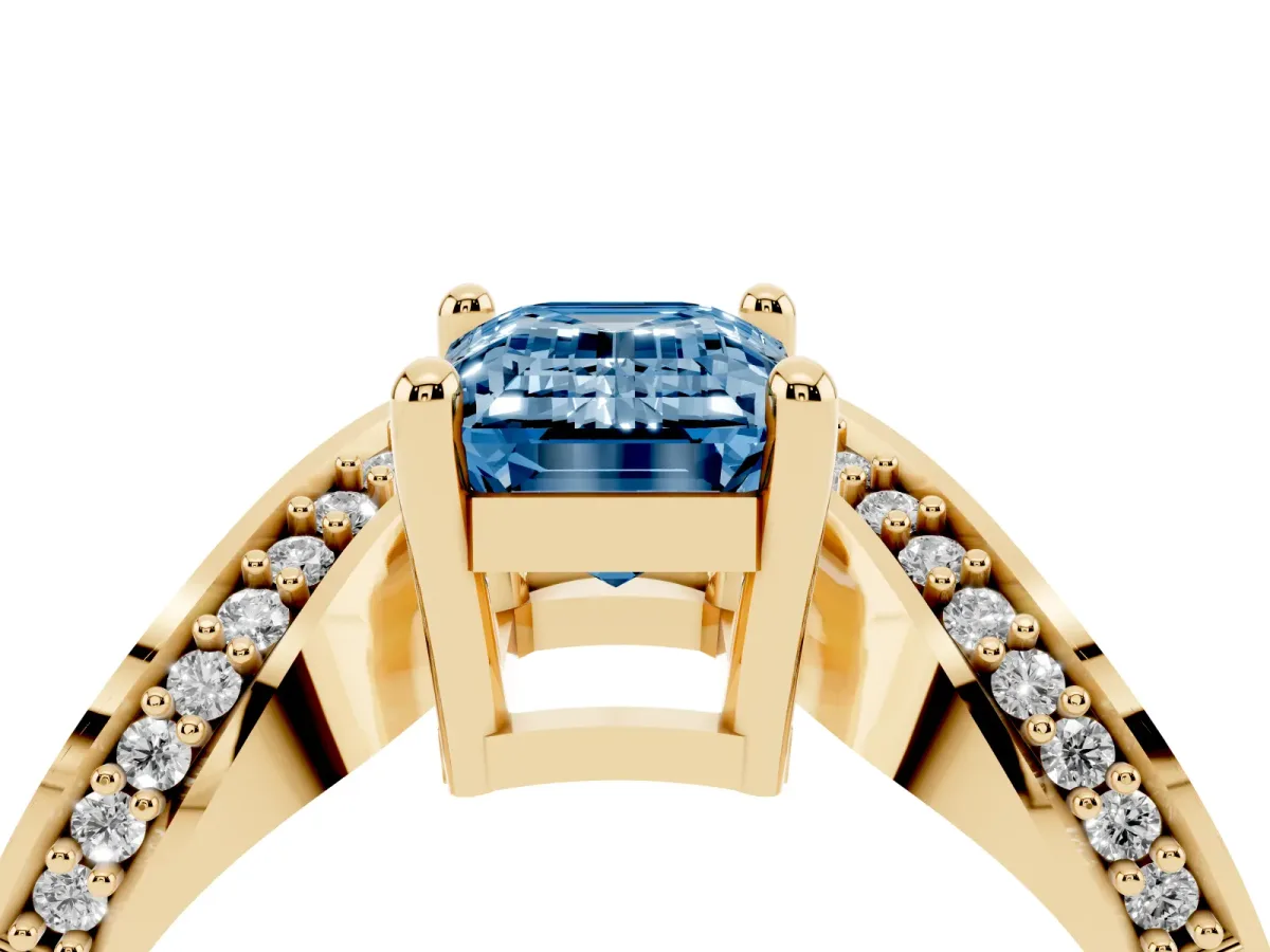 Fancy Blue Emerald Cut Solitaire Diamond Engagement Ring with Pave Band and Four-Prong Setting Yellow gold