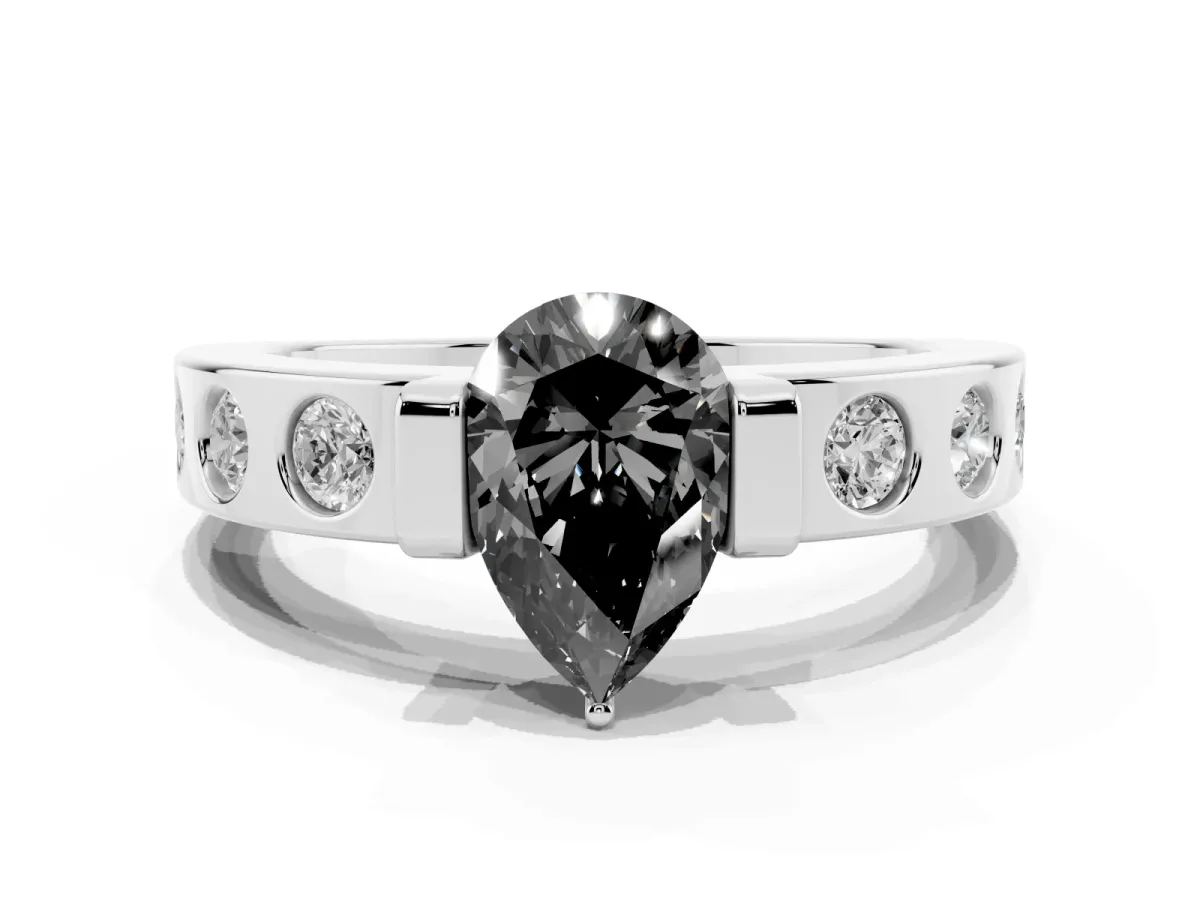 Fancy Black Pear Cut Brilliant Channel-Set Diamond Ring with Bezel Prong Setting Platinum