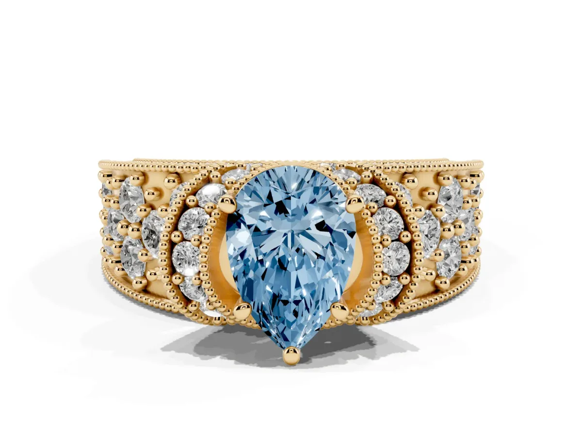 Fancy Blue Pear Cut Halo Pave Diamond Engagement Ring with Milgrain Detailing Yellow gold