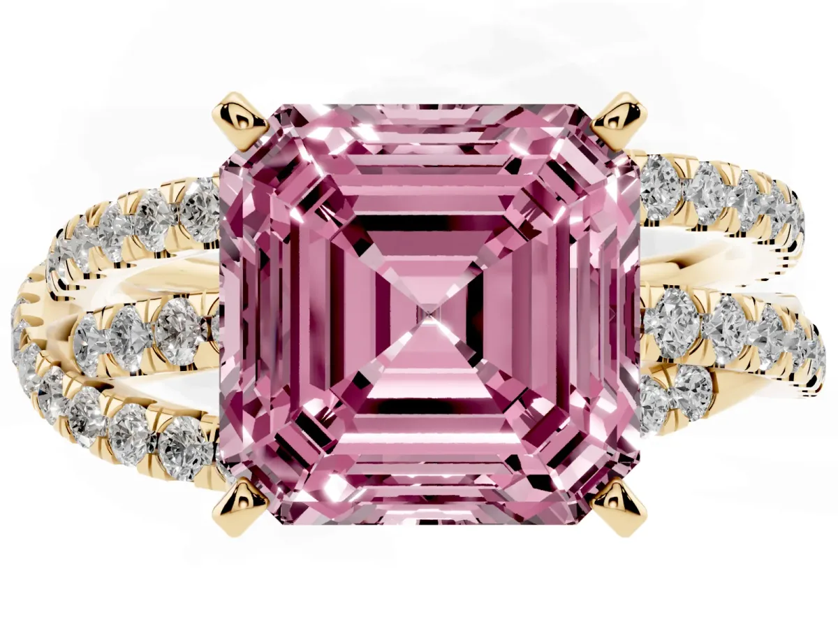 Fancy Pink Asscher Cut Solitaire Twist Band with Pavé Setting and Four-Prong Setting Yellow gold