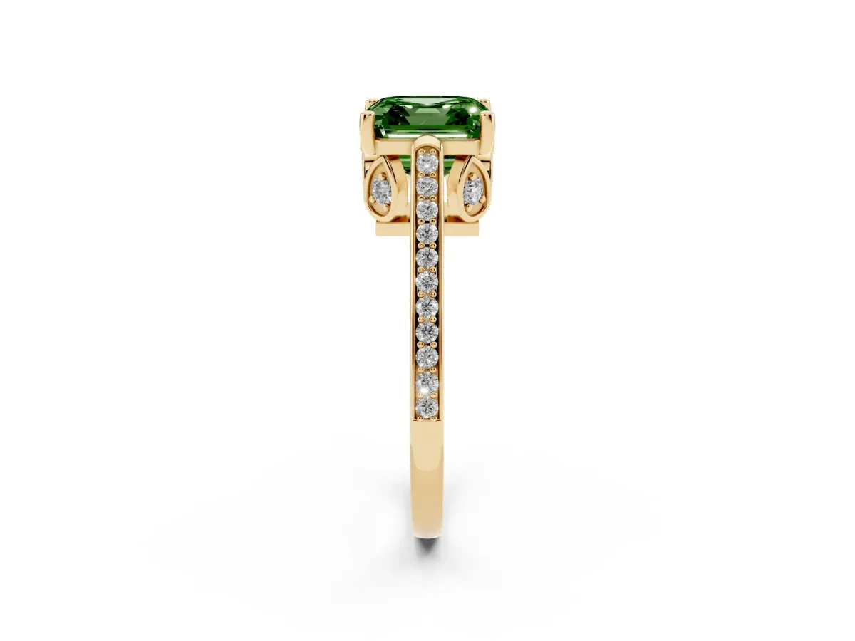 Fancy Green Asscher Cut Cut Cathedral Pave Diamond Engagement Ring with Six-Prong Setting Yellow gold