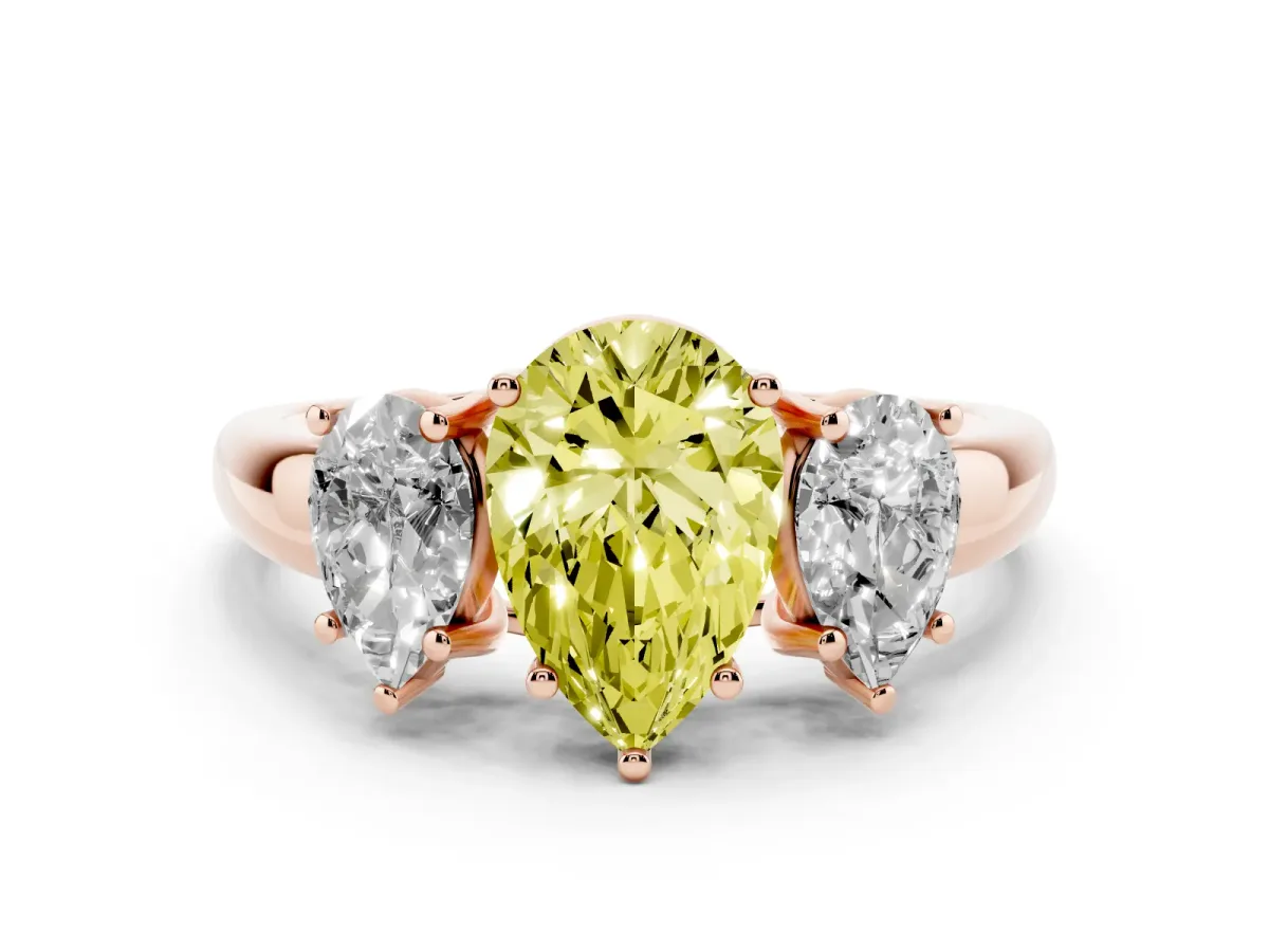 Fancy Yellow Three-Stone Pear Cut Diamond Engagement Ring with Prong Setting Rose gold