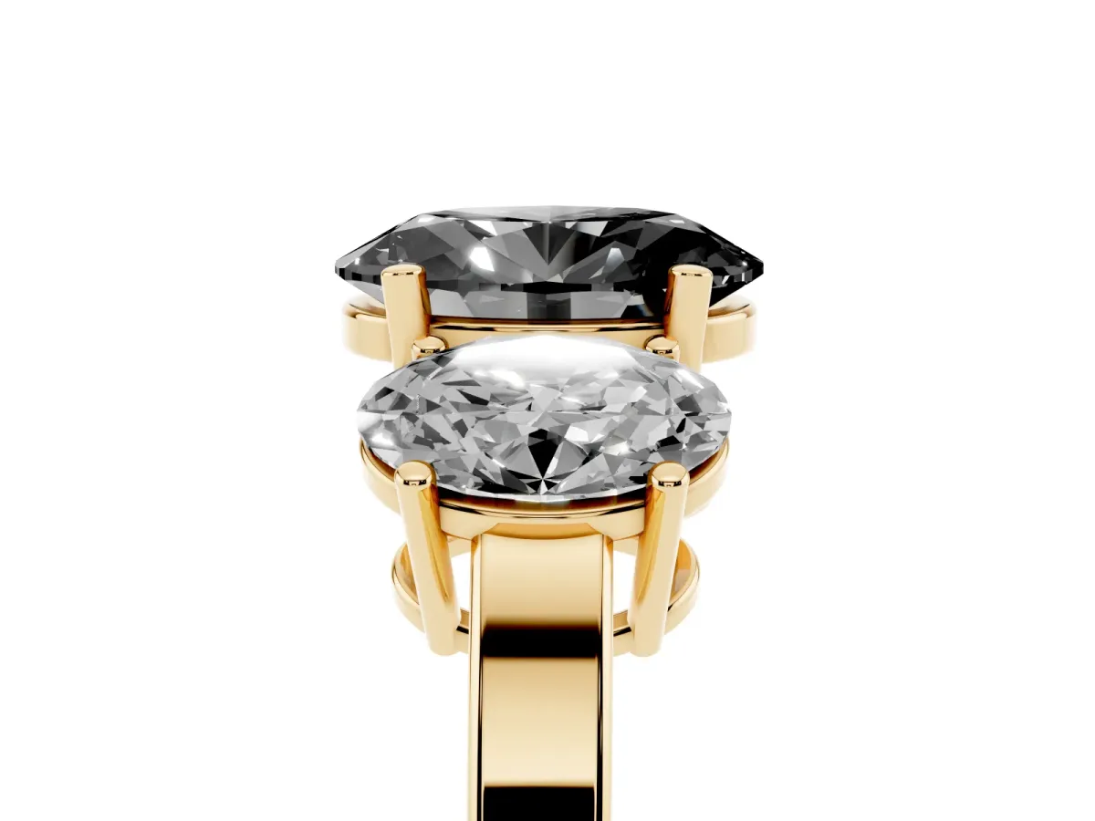 Fancy Black Three-Stone Oval Cut Cut Diamond Engagement Ring with Flat Band and Four-Prong Setting Yellow gold