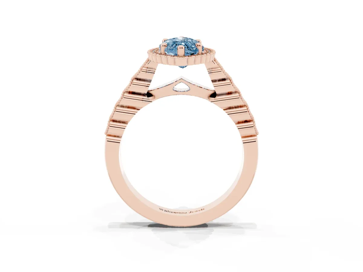 Fancy Blue Marquise Cut Cut Halo Pavé Solitaire Ring with Milgrain Band Rose gold