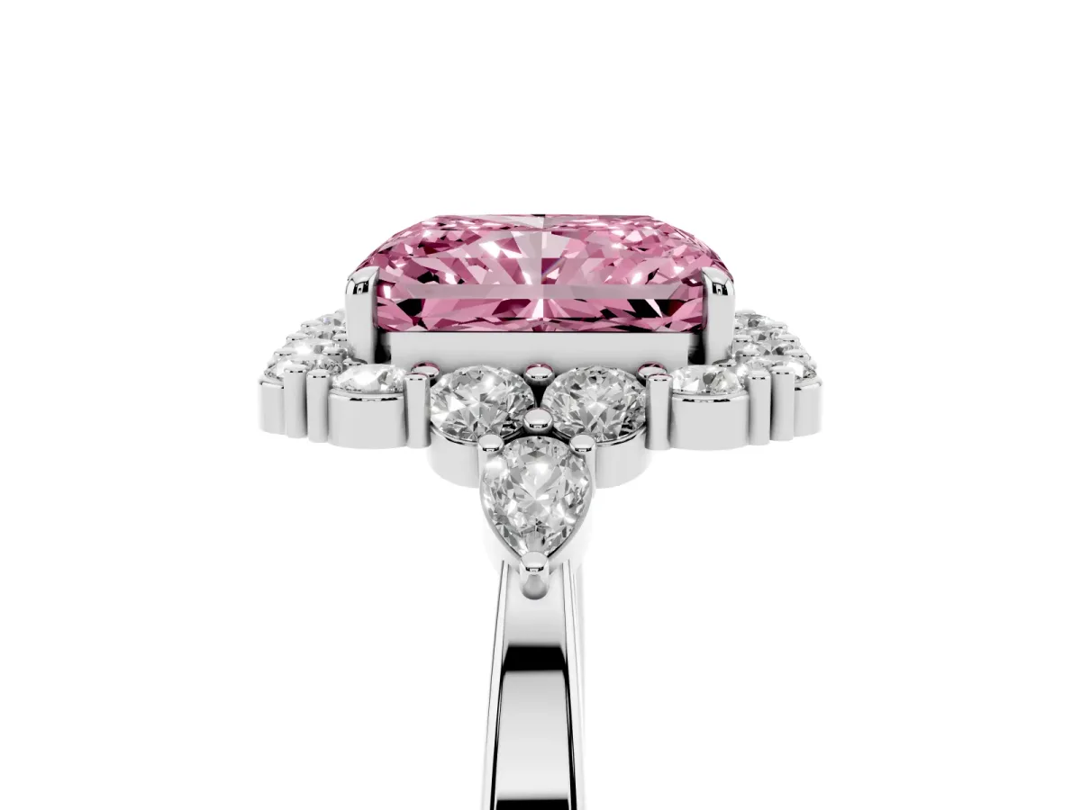 Fancy Pink Radiant Cut Diamond Halo Ring with Pear Side Stones and Prong Setting Silver