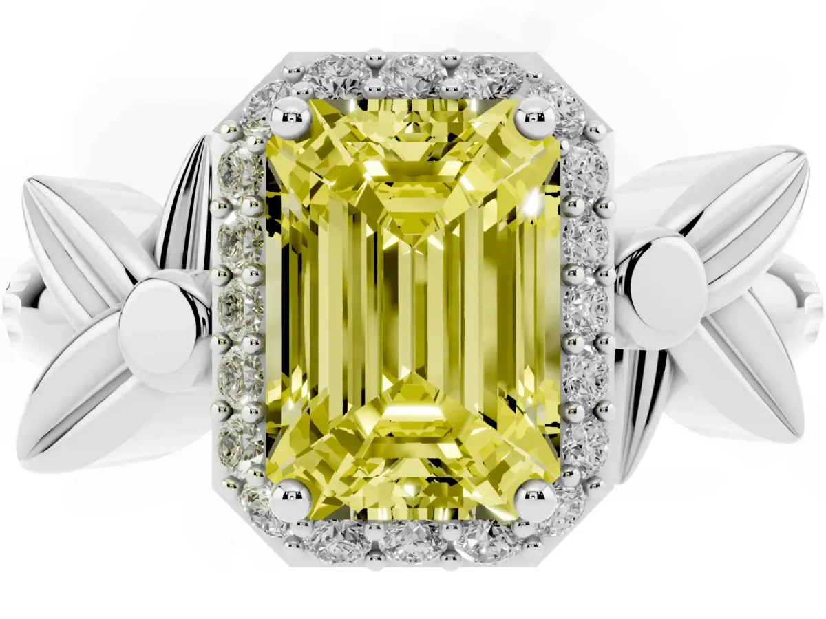 Fancy Yellow Emerald Cut Halo Diamond Floral Band with Four-Prong Setting Platinum
