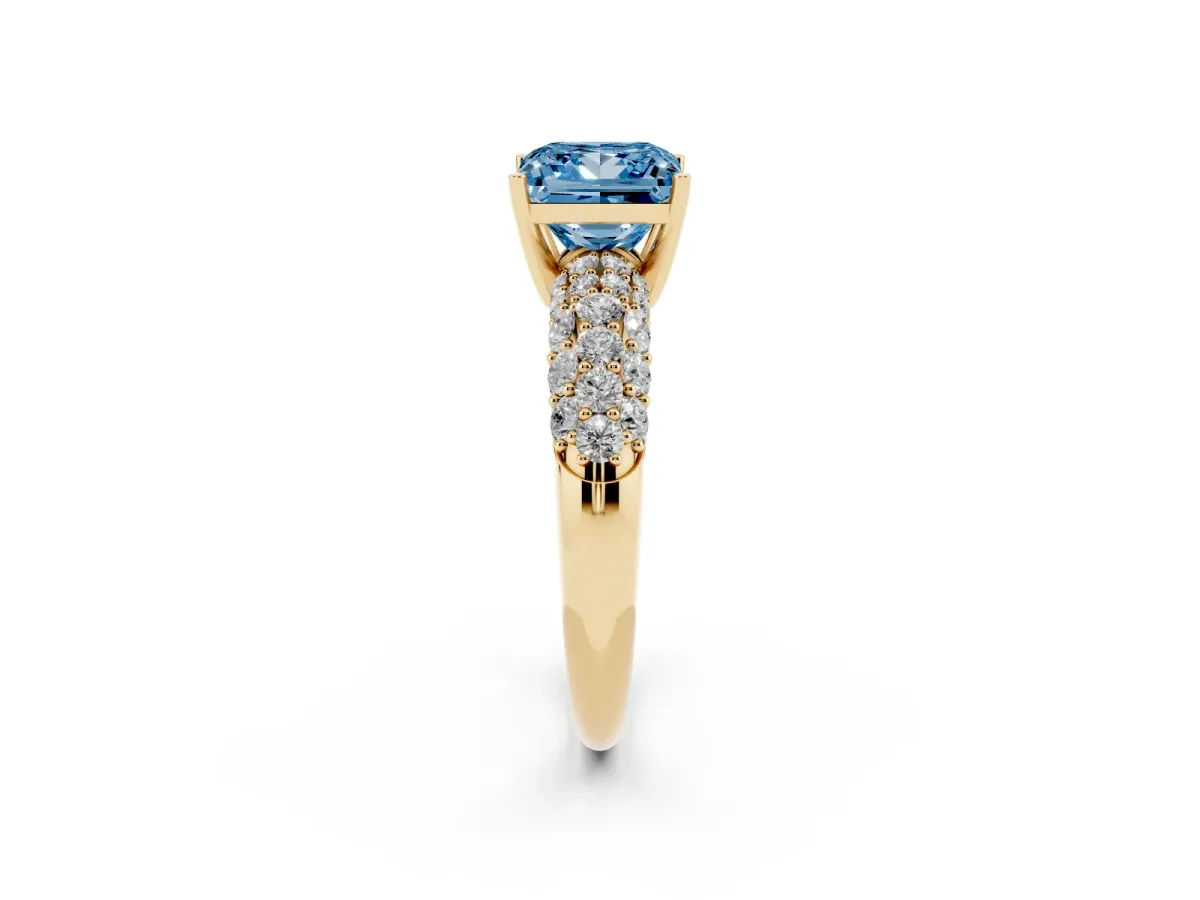Fancy Blue Princess Cut Diamond Pavé Band Solitaire Ring with Four-Prong Setting Yellow gold