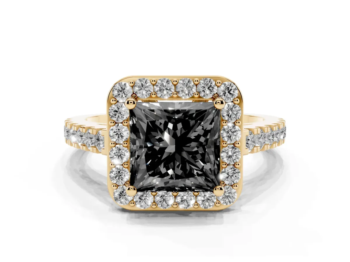 Fancy Black Princess Cut Diamond Halo Ring with Round Pavé Split Shank and Prong Setting Yellow gold