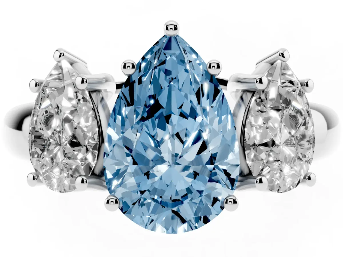 Fancy Blue Three-Stone Pear Cut Diamond Engagement Ring with Prong Setting Platinum