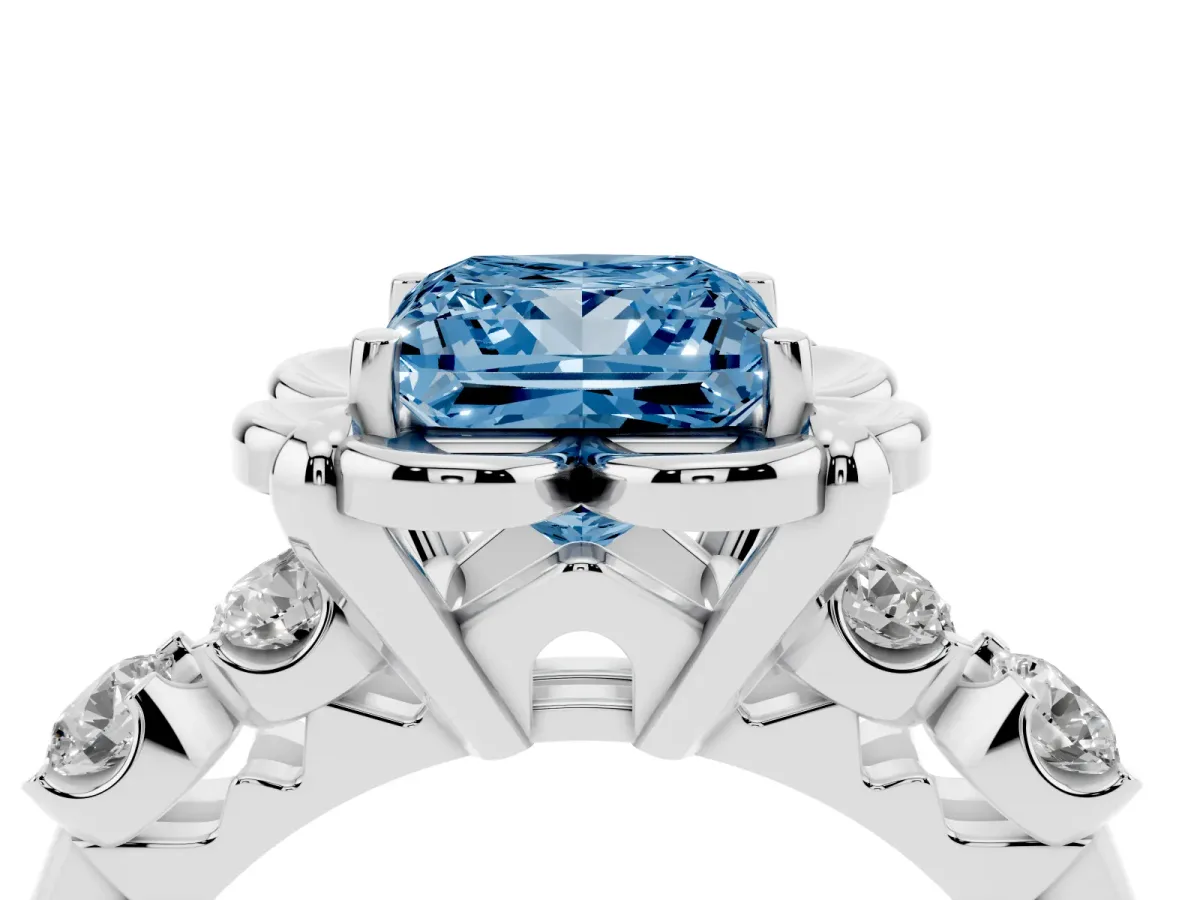 Fancy Blue Princess Cut Cut Diamond Floral Halo Engagement Ring with Shared Prong Setting Silver