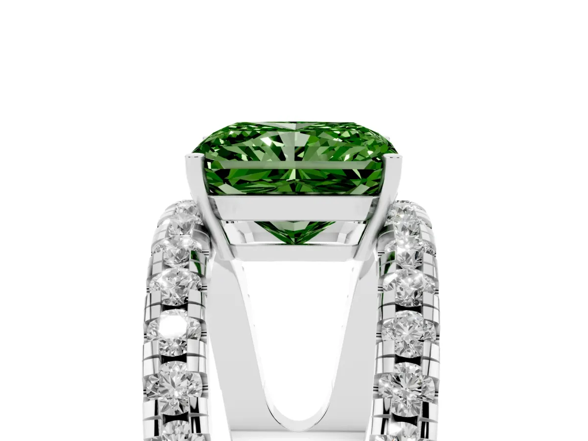 Fancy Green Radiant Cut Solitaire Split Shank Pave Diamond Ring Platinum