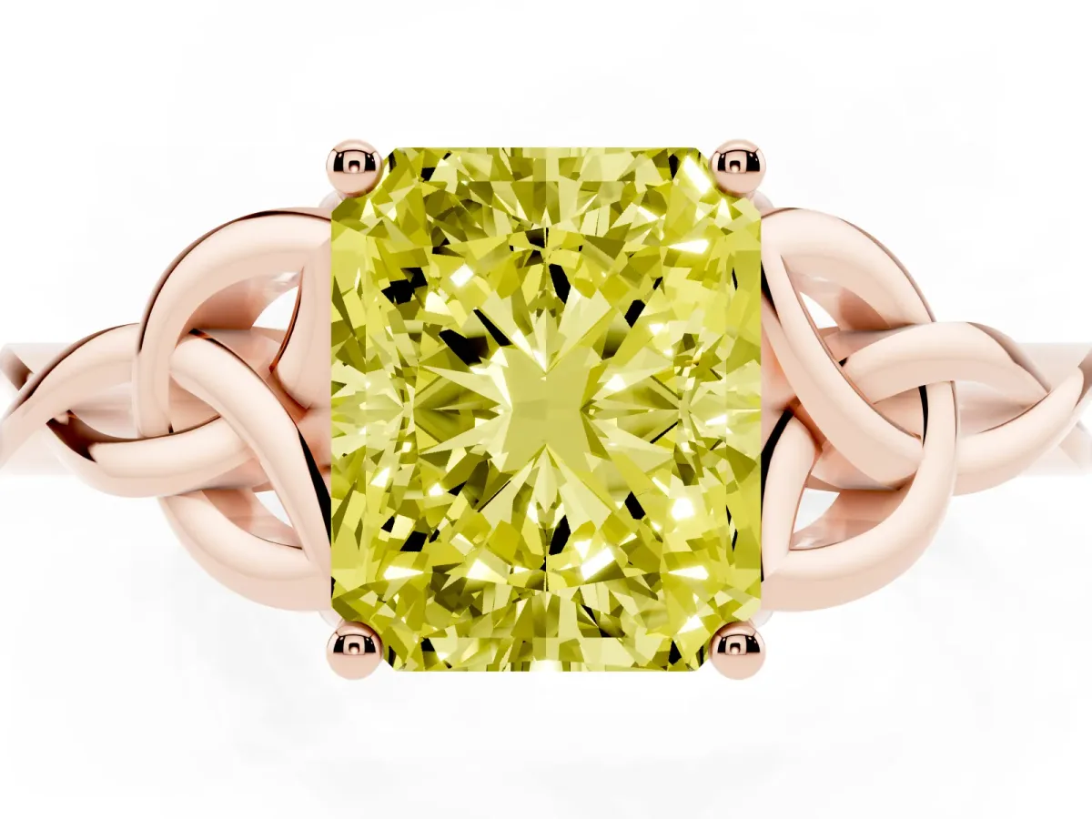 Fancy Yellow Radiant Cut Diamond Solitaire Engagement Ring with Celtic Knot Band and Four-Prong Setting Rose gold