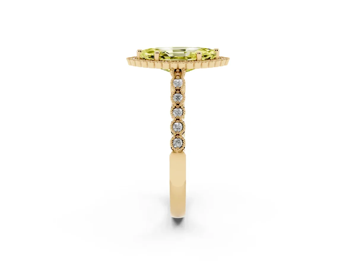 Fancy Yellow Marquise Cut Cut Halo Pavé Solitaire Ring with Milgrain Band Yellow gold