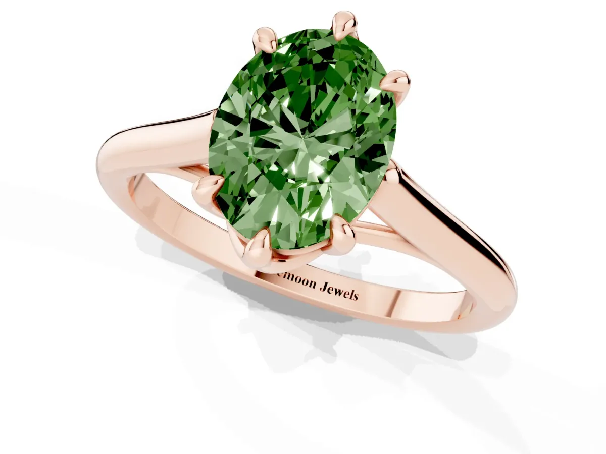 Fancy Green Oval Cut Solitaire Engagement Ring with Six-Prong Setting and Classic Band Rose gold