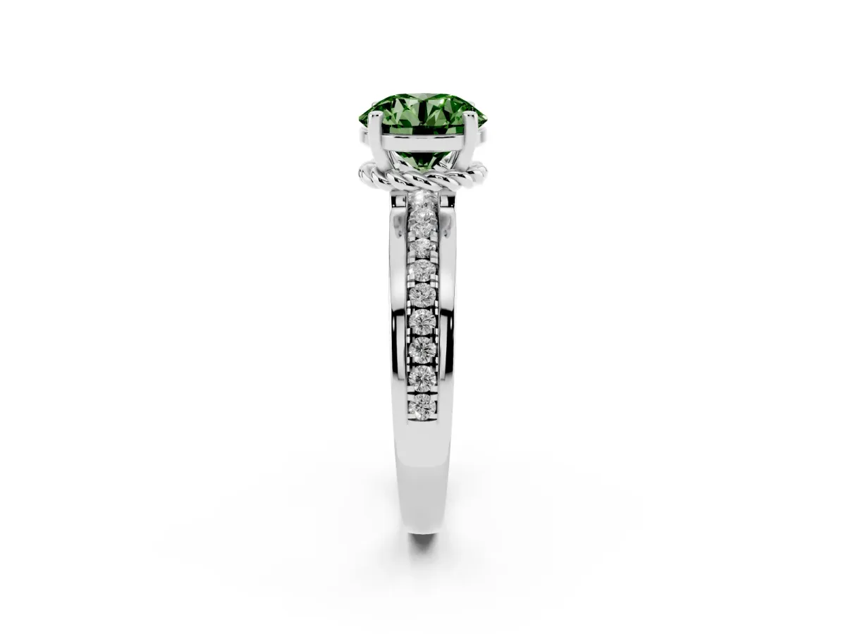 Fancy Green Round Cut Solitaire Diamond Ring with Channel Set Band and Six-Prong Setting Silver