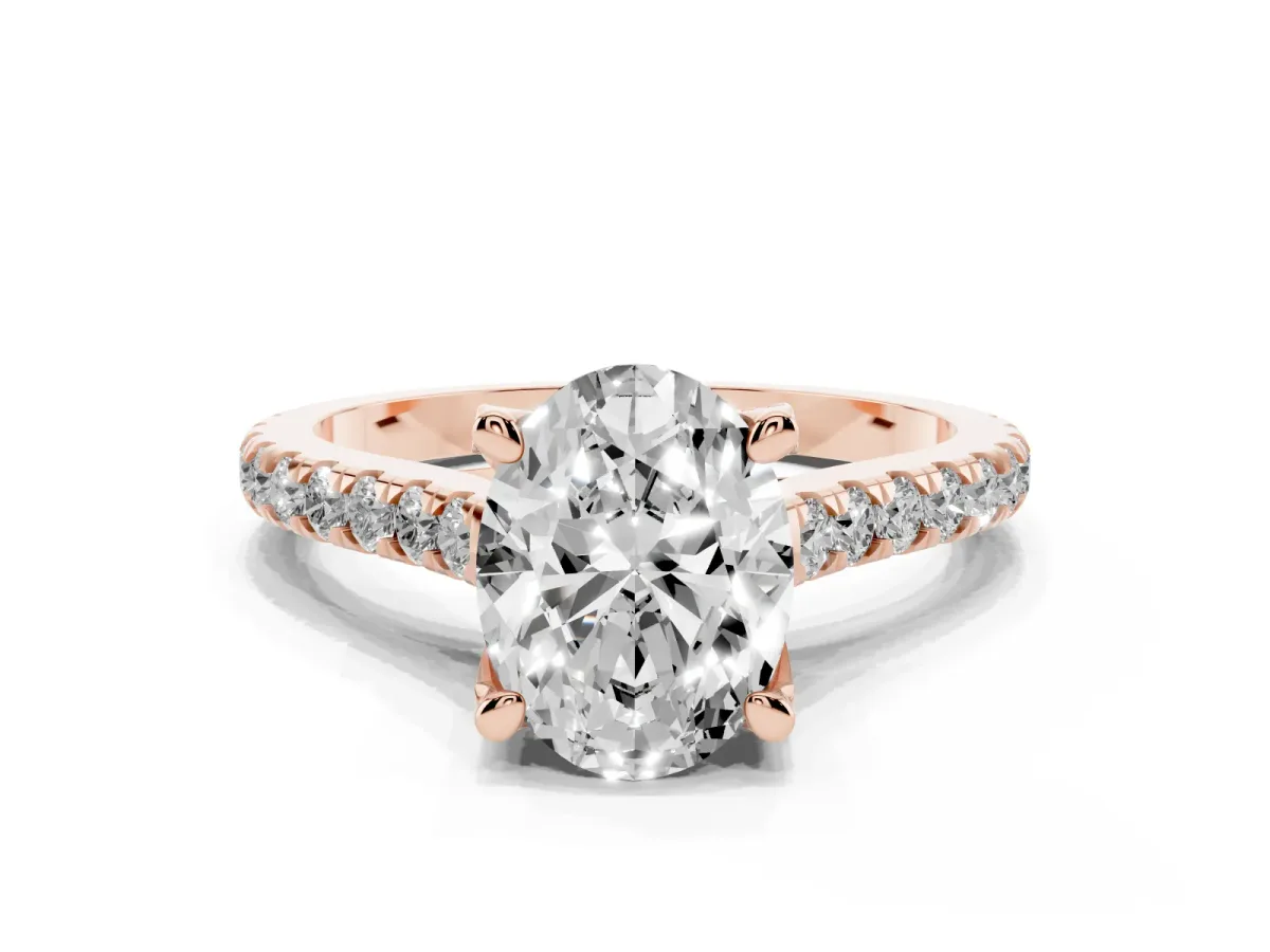 Oval Cut Brilliant Diamond Solitaire with Pavé Band and Four-Prong Setting Rose gold