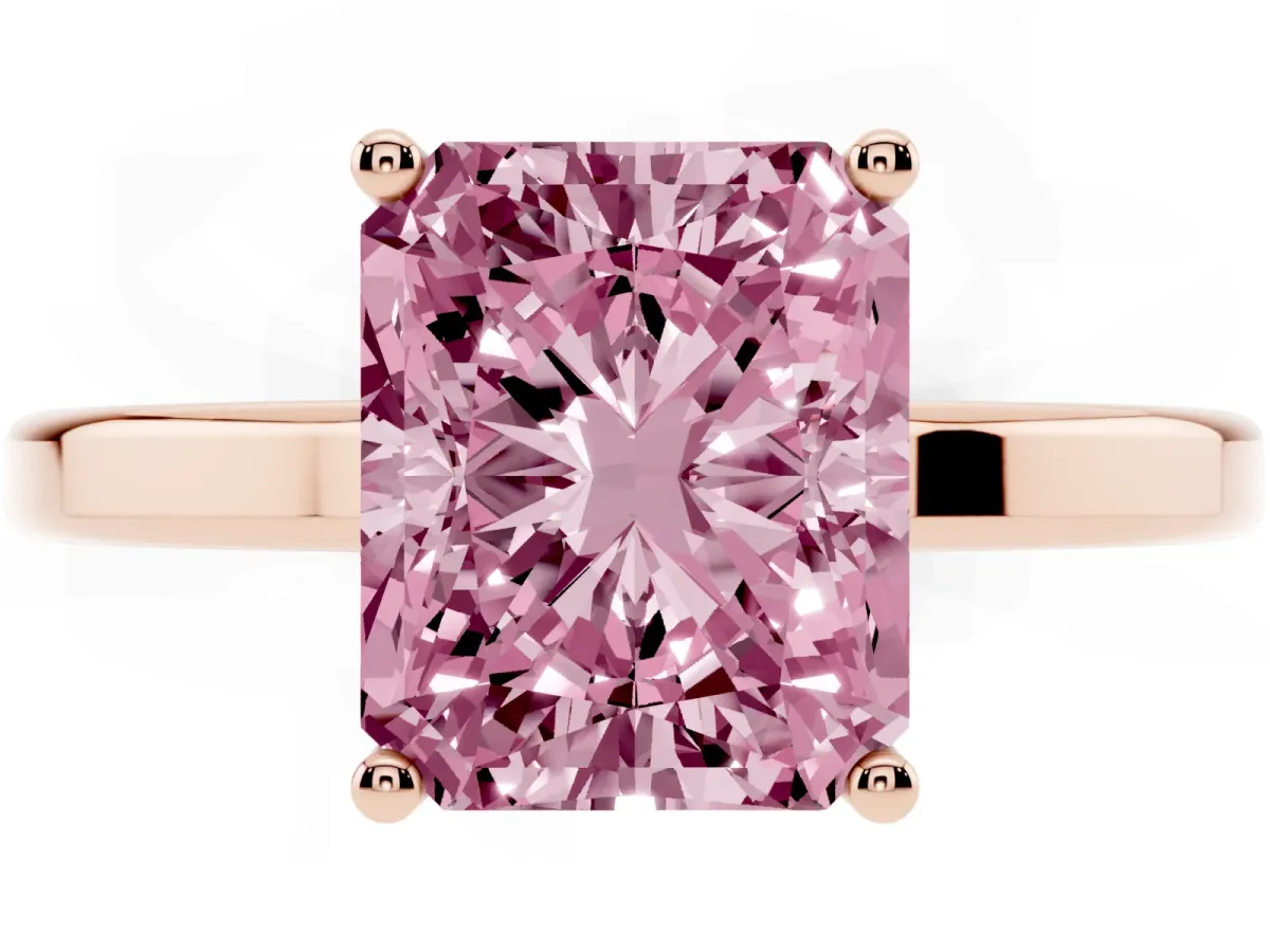 Fancy Pink Radiant Cut Cut Solitaire Engagement Ring with Four-Prong Setting on a Classic Band Rose gold